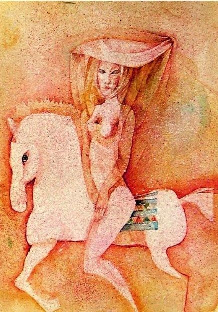 Ženská postava na bílém koni v teplé růžové a okrové barevnosti.